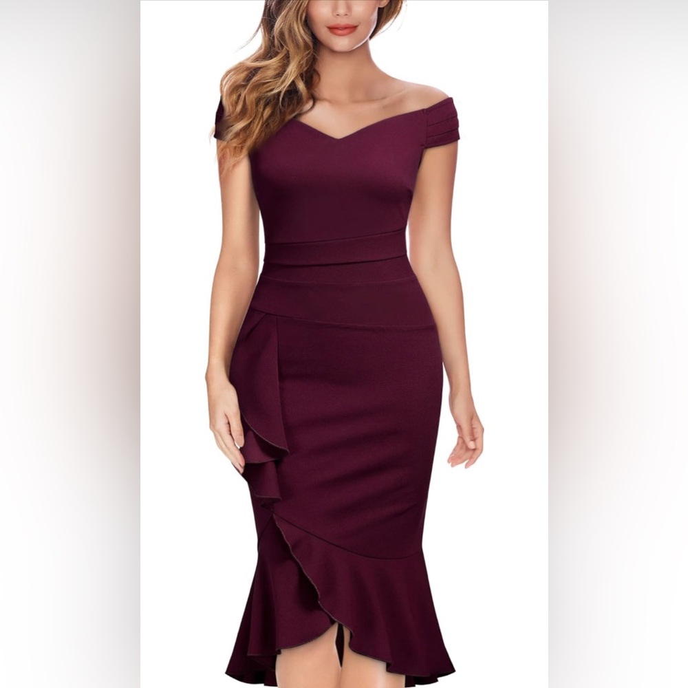 Women's Off Shoulder V-Neck Ruffle Pleat Waist Bodycon Evening Cocktail dress